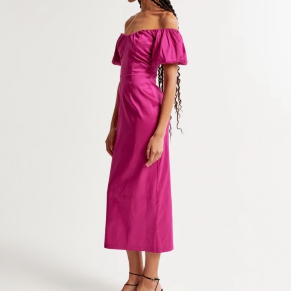 NWT Abercrombie and Fitch Taffeta Off The Shoulder Midi Dress Medium Fuschia